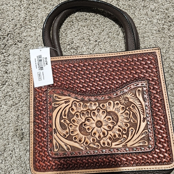 SVK Handbags - Brown and Tan Hand Tooled Embossed Leather Handbag That Also Has a Cross Body